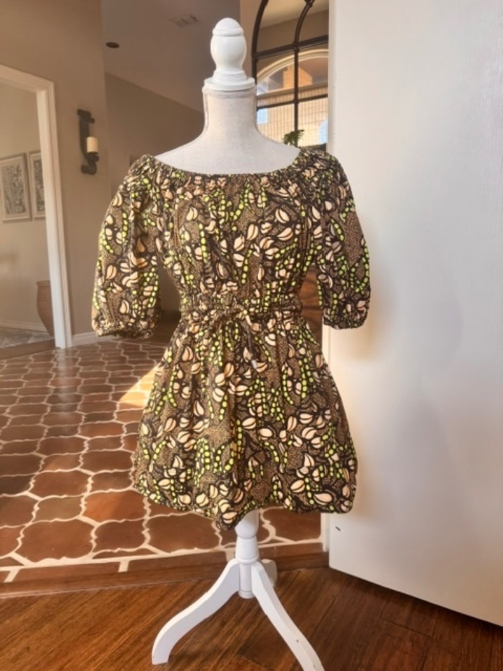 A.L.C. Brown Green Printed Maya Puff Sleeve Elsatic Waist Mini Dress